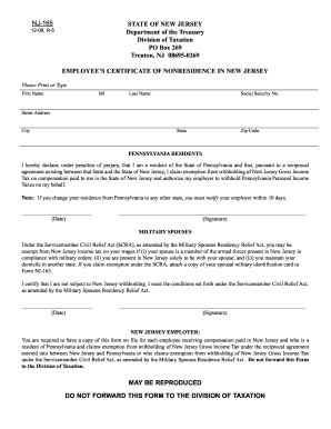 NJ-165 Employee s Certificate of Nonresidence in New Jersey