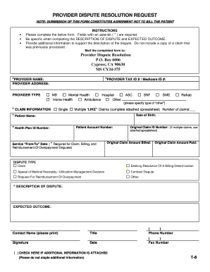 Provider Dispute Resolution Request