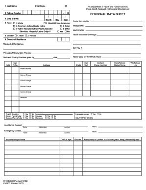 North Carolina Personal Data Sheet