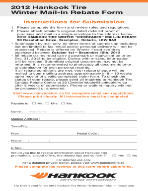2012 Hankook Tire Winter Mail-In Rebate Form