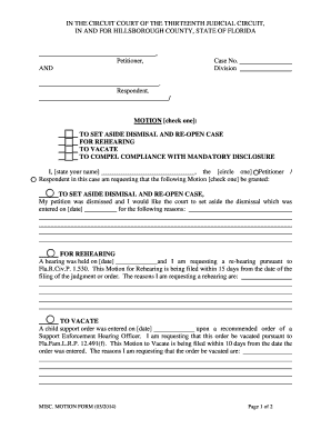 Florida Motion to Set Aside Dismissal and Re-Open Case