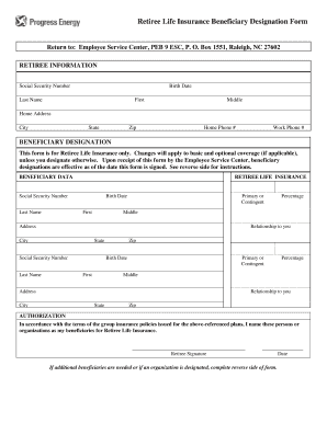 Retiree Life Insurance Beneficiary Designation Form
