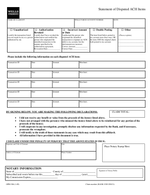 Statement of Disputed ACH Items - Wells Fargo