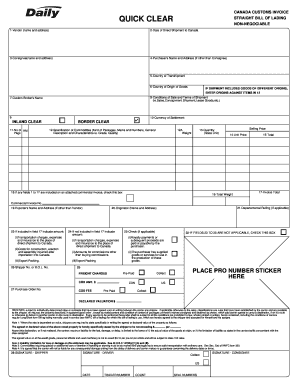 CANADA CUSTOMS INVOICE QUICK CLEAR STRAIGHT BILL OF LADING