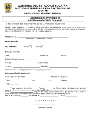SOLICITUD DE CERTIFICADO DE LIBERTAD O GRAVAMEN CON AVISO