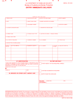 US Customs Entry Immediate Delivery Form