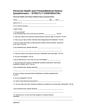 Personal Health and Fitness Medical History Questionnaire