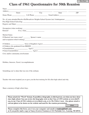 Class of 1961 questionnaire for 50th reunion