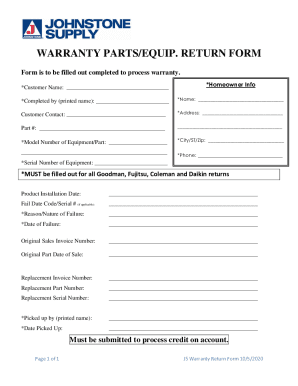 Warranty Parts Equipment Return Form