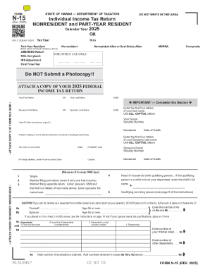 N-15 Rev 2025 NonResident and Part-Year Resident Income Tax Return Forms 2025 - Fillable