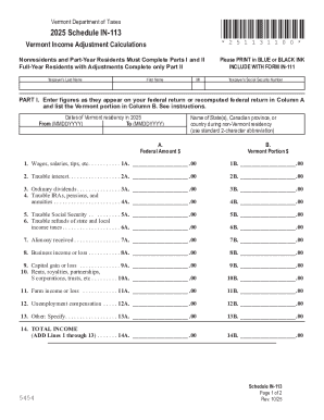 2025 Schedule IN-113, Vermont Income Adjustment Calculations