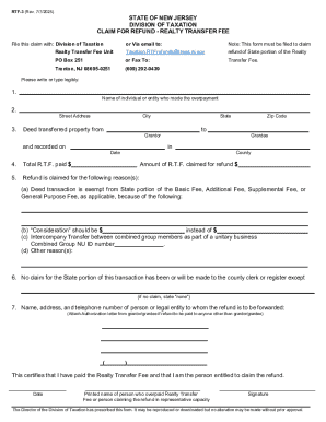 RTF-3 State of NJ Division of Taxation Claim for Refund - Realty Transfer Fee