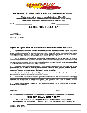 PowerPlay Entertainment Center Risk Waiver