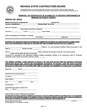 Nevada Bidders Preference Certificate Renewal