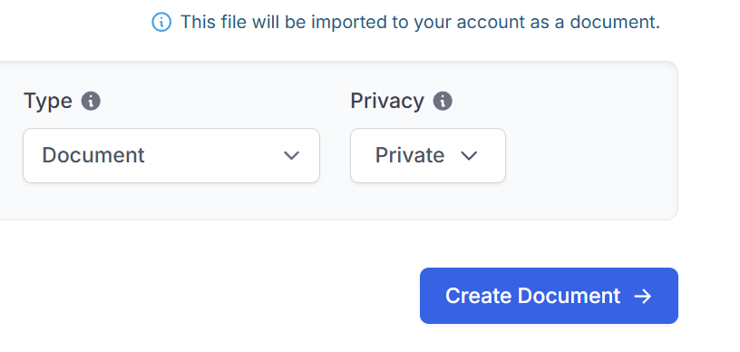 DocHub’s document creation screen with options to select document type, set privacy to private, and create a new document.
