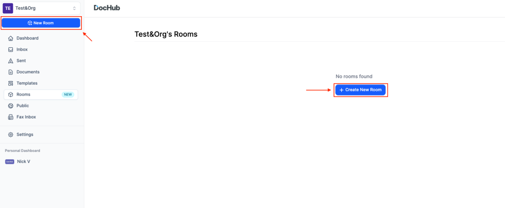DocHub Rooms page with buttons highlighted for creating a new room from the sidebar and main workspace area.