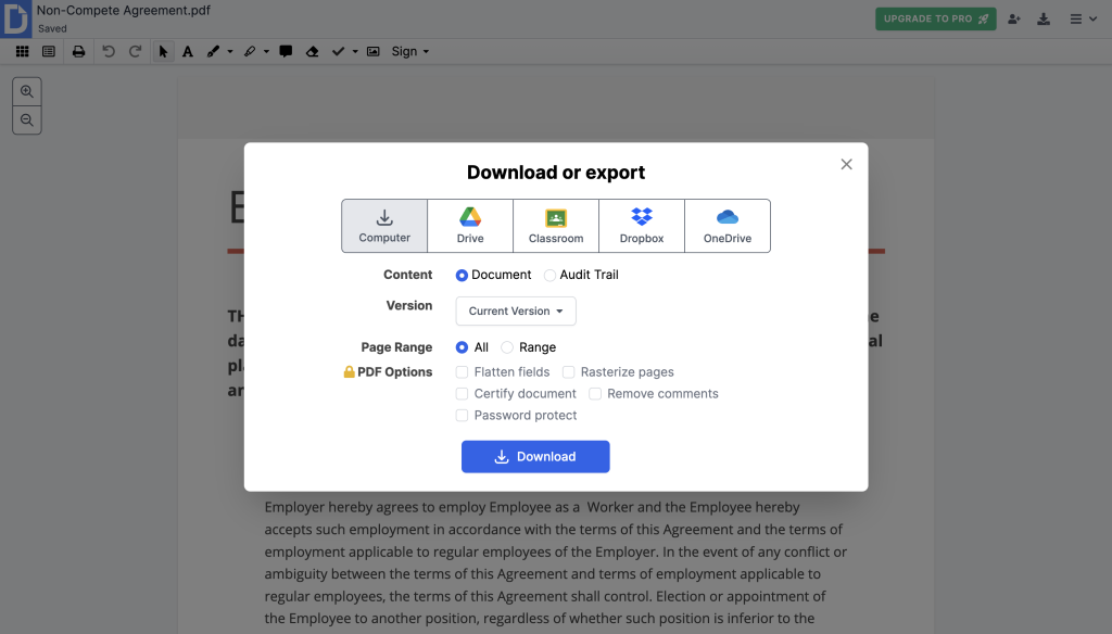 DocHub’s Download or export dialog showing options to save a document to computer, Google Drive, Dropbox, or OneDrive with file settings.