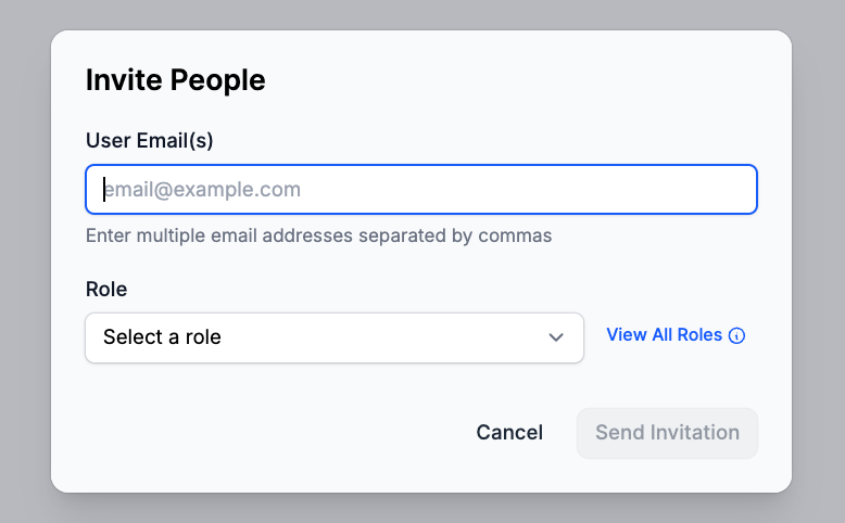 Invite People dialog of a DocHub room, with fields to enter email addresses, choose a user role, and send invitations.