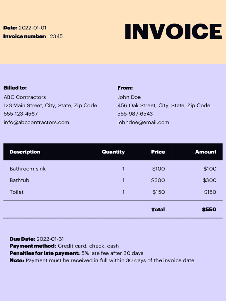 Bathroom Remodel Invoice Template Preview on Page 1