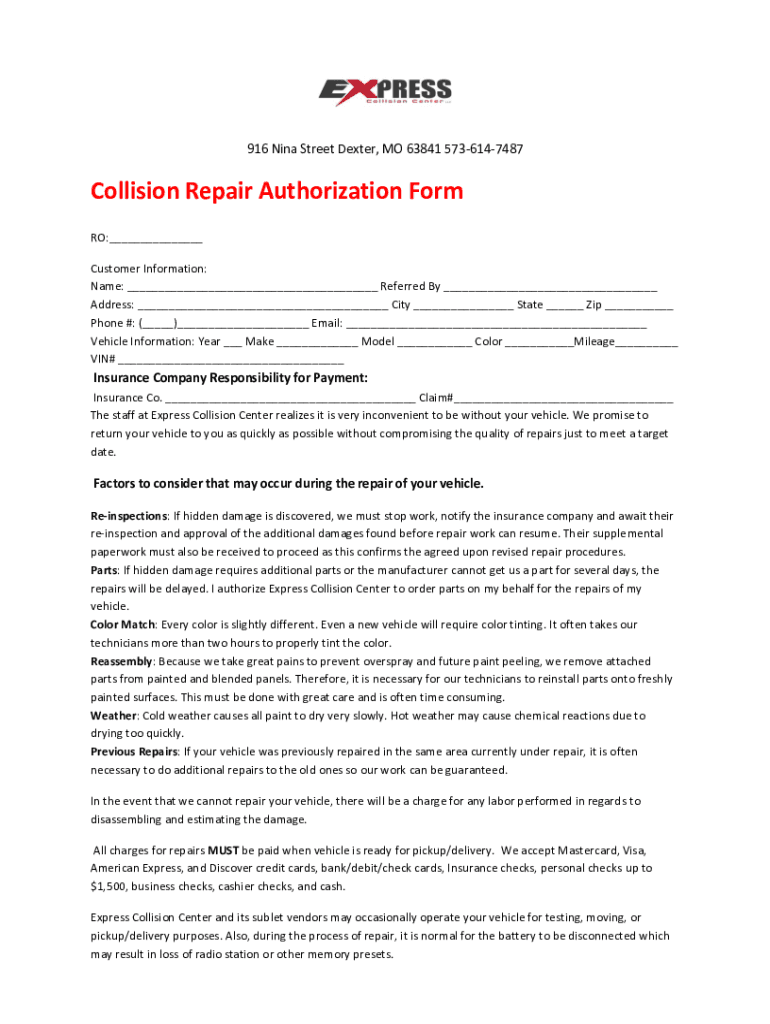 Collision Repair Authorization Form Preview on Page 1