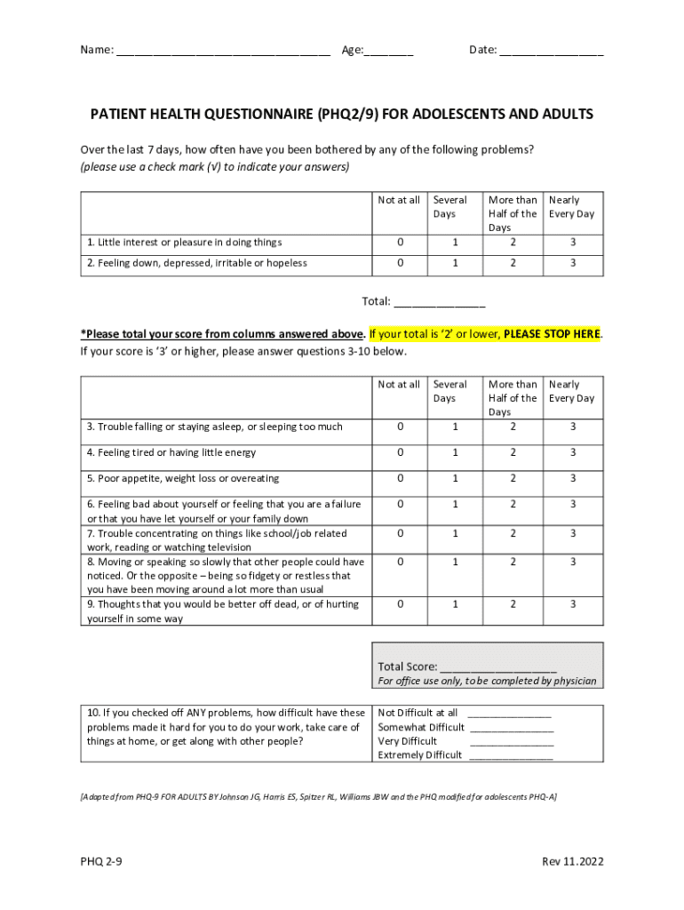 Patient Health Questionnaire PHQ2 9 Preview on Page 1