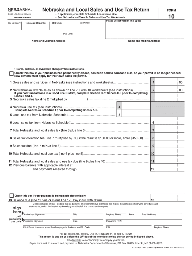 Nebraska Sales and Use Tax Return Form 10 Preview on Page 1