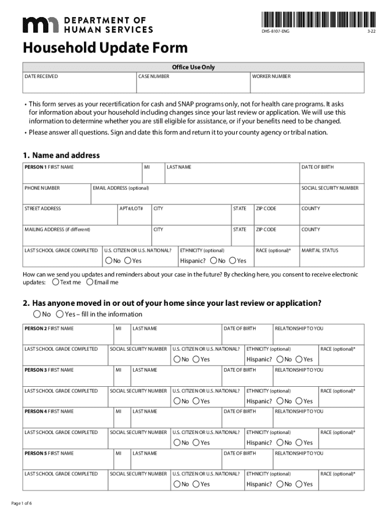 Household Update Form DHS-8107 Preview on Page 1
