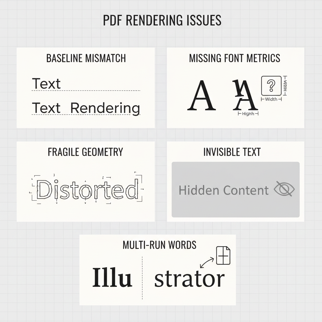 Illustration highlighting common PDF text rendering issues such as baseline mismatches and invisible text.