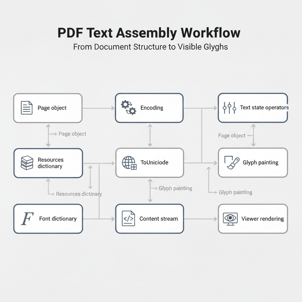 Infographic illustrating the step-by-step assembly of visible PDF text from page objects to viewer rendering.