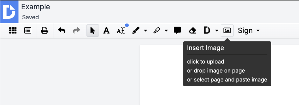 DocHub’s toolbar showing the Insert Image option with tooltip explaining how to upload or paste an image.