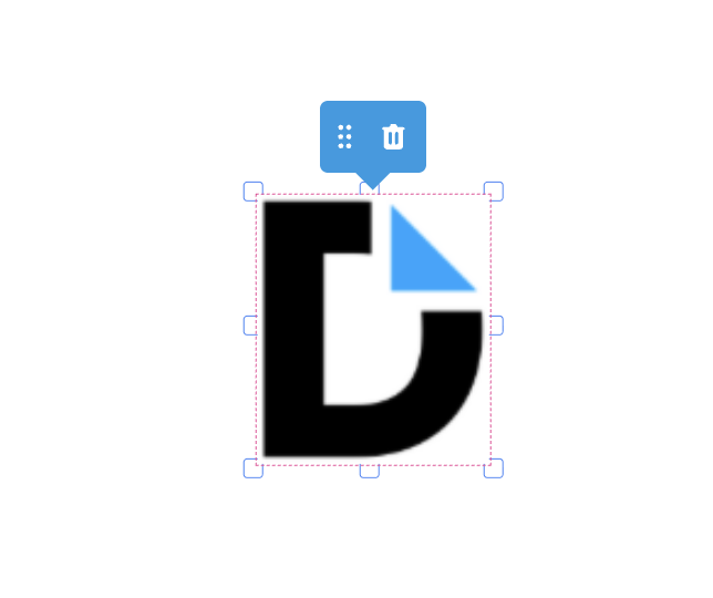 DocHub interface showing a selected logo image with resize handles and delete option.